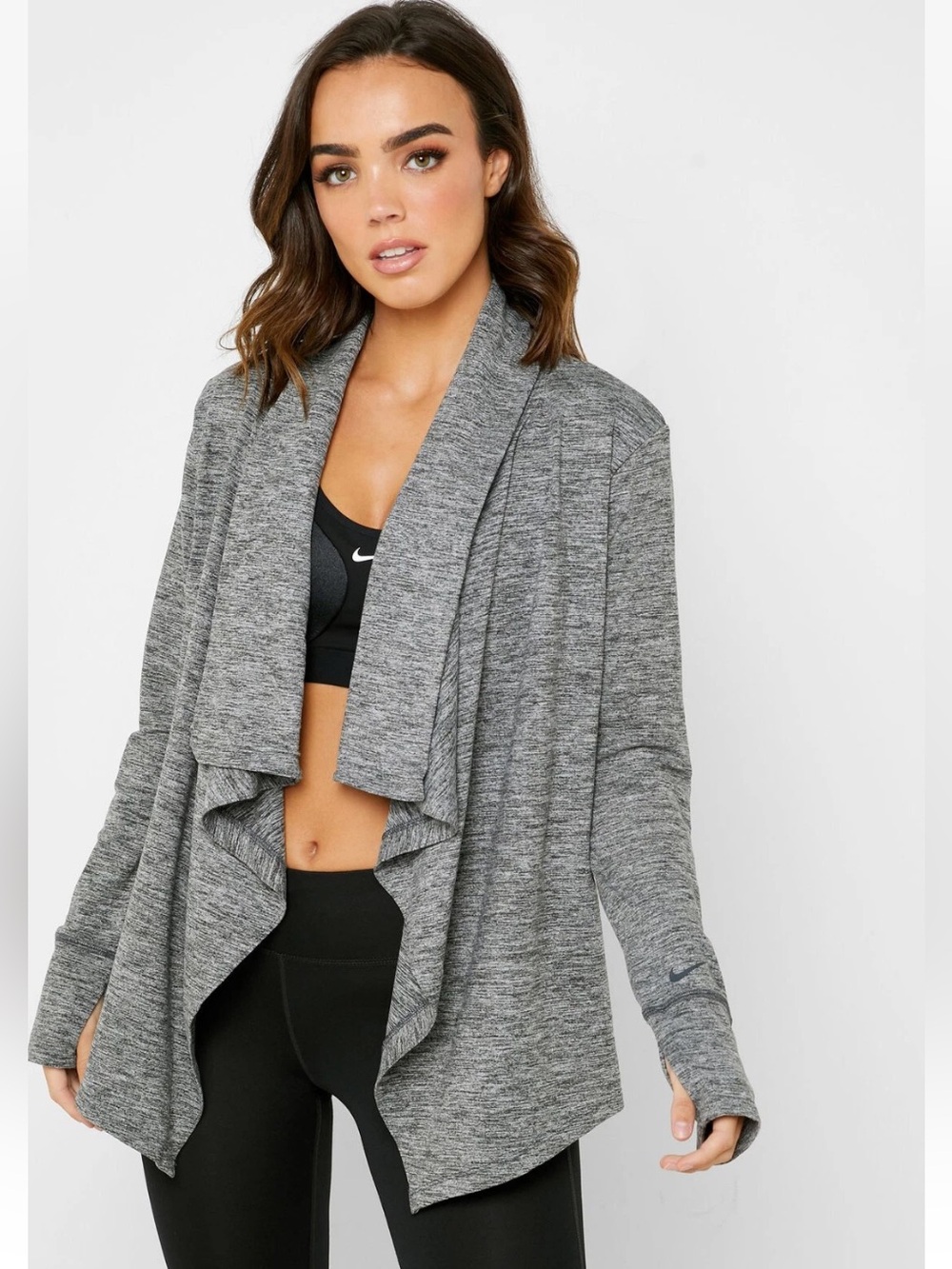 Nike Dri-FIT draped open-front waterfall cardigan Yoga Heathered Grey Size XL